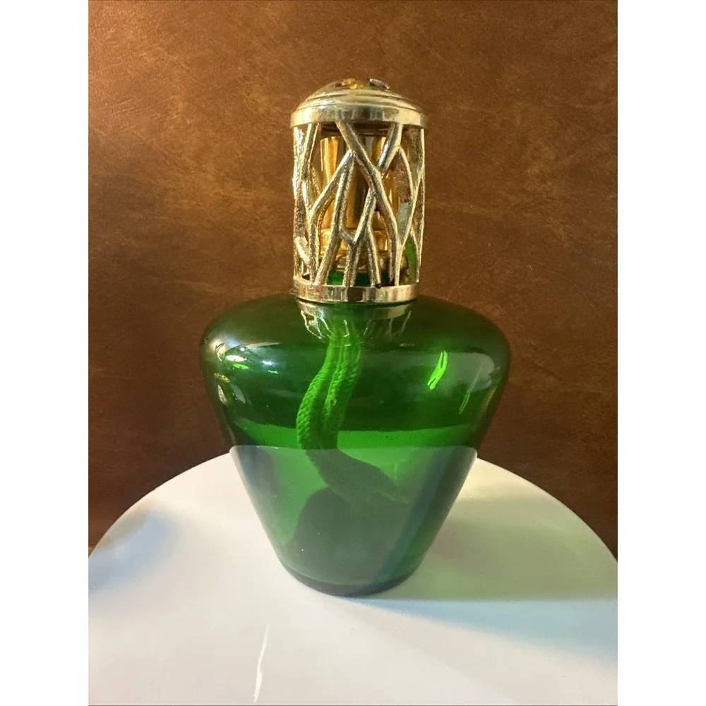 LAMPE EMERALD GREEN GLASS LAMP OIL DIFFUSER BUNER GOLD Top